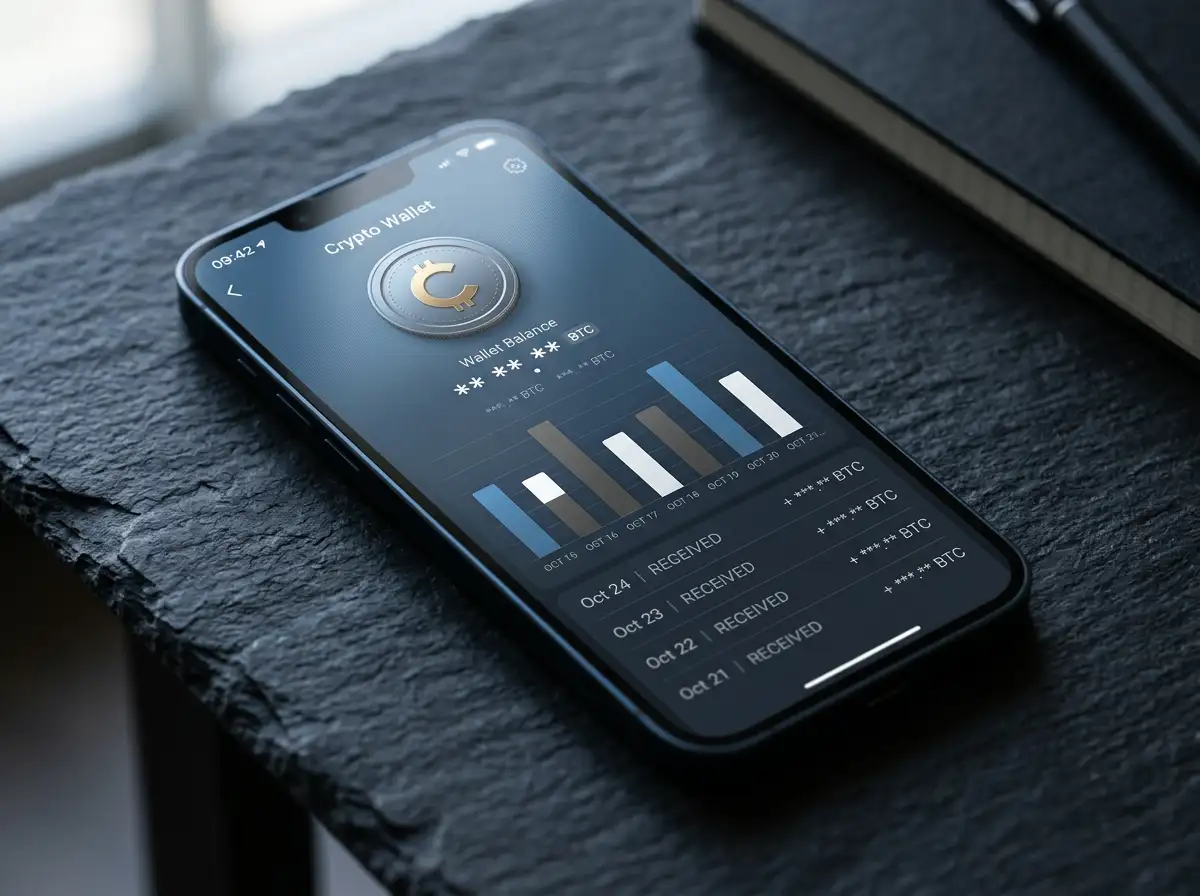 Skärm med kryptovalutaplånbok och transaktionshistorik